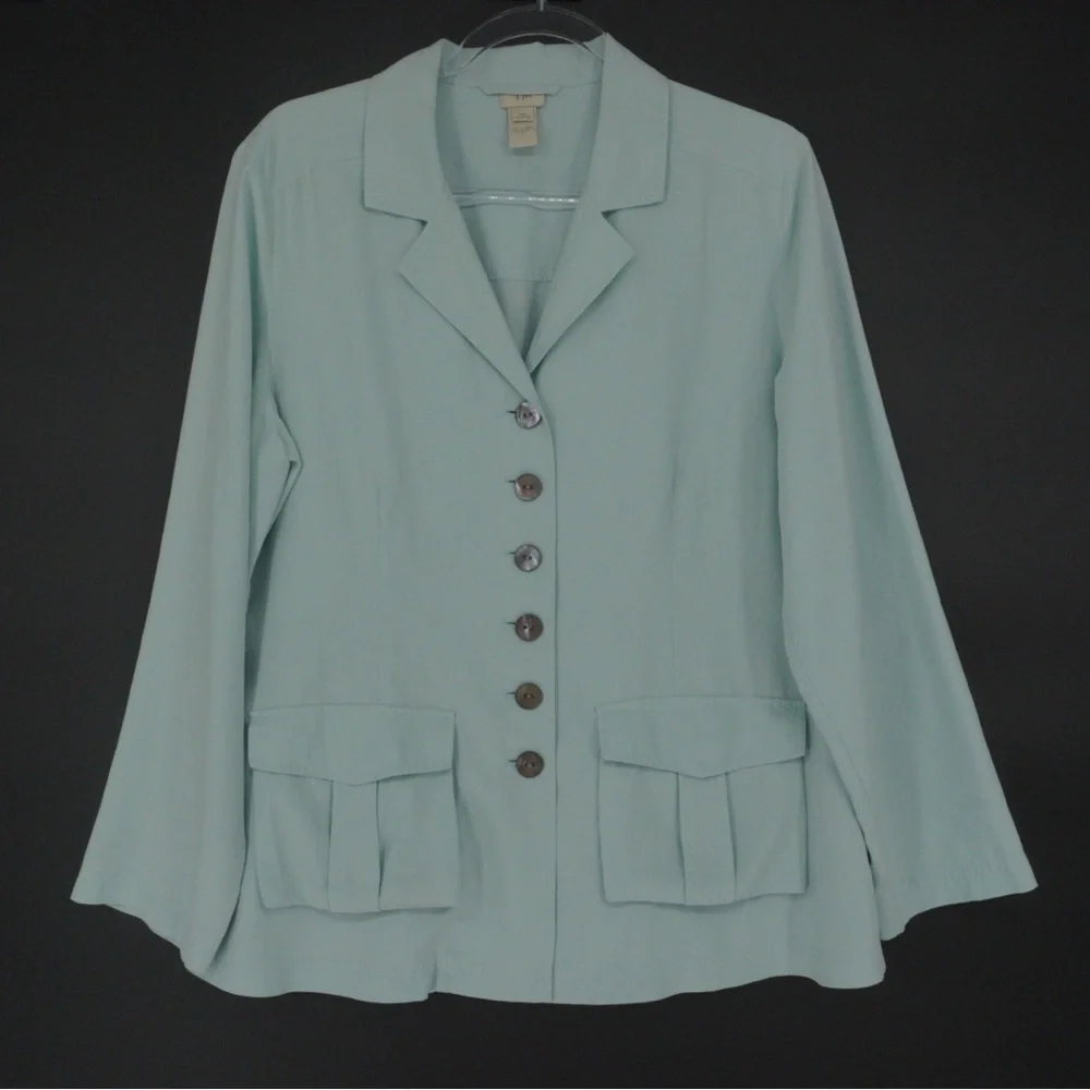 J.Jill‎ Mint Teal Button Up 100% Silk Light Weight Blazer top blouse Size 14P